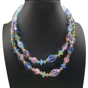 Pastel Translucent Beaded Necklace 16" Multishape Glass Beads Gold Tone Spacers